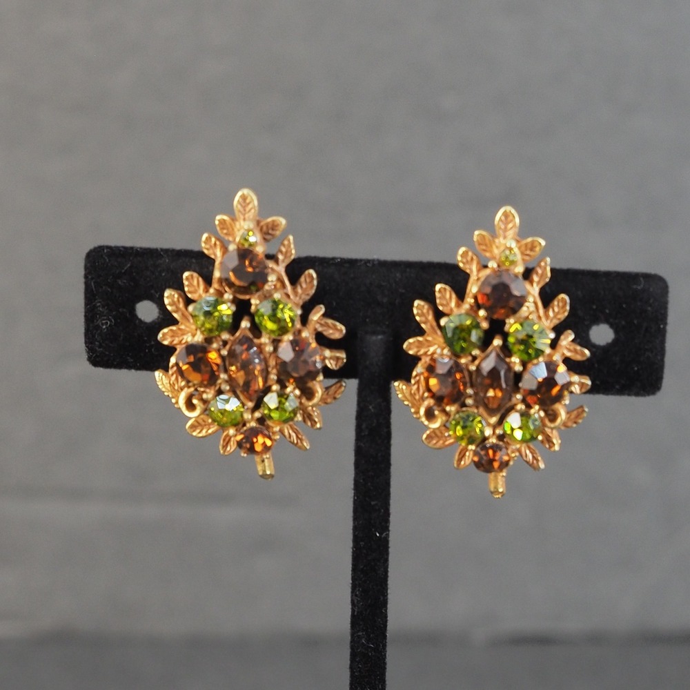 Coro Clip On Earrings Gold Tone Brown Green Rhinestone Leafy Filigree Autumn VTG